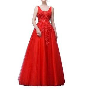 Red Tulle Evening Gown with Beading and Appliques